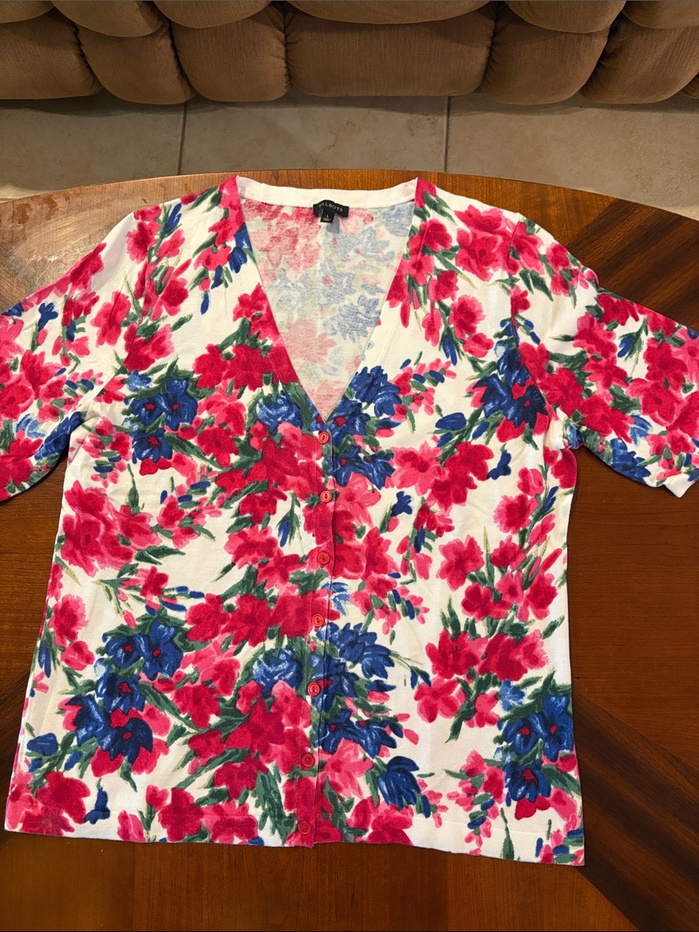 Talbots Women’s Floral V-Neck Cardigan in White, Pink & Blue, Never Been Worn